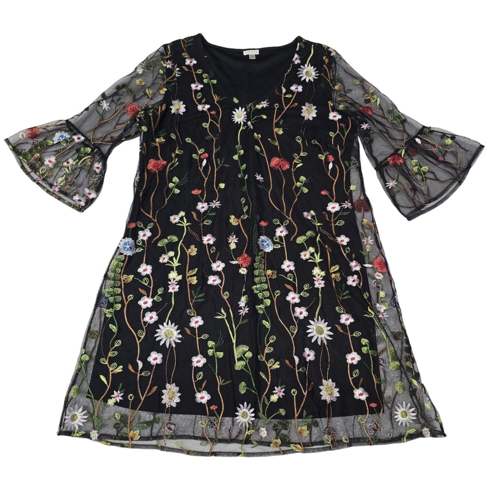 Spense Womens Black Floral‎ Embroidered Mesh Overlay Bell Sleeve Dress Size 12